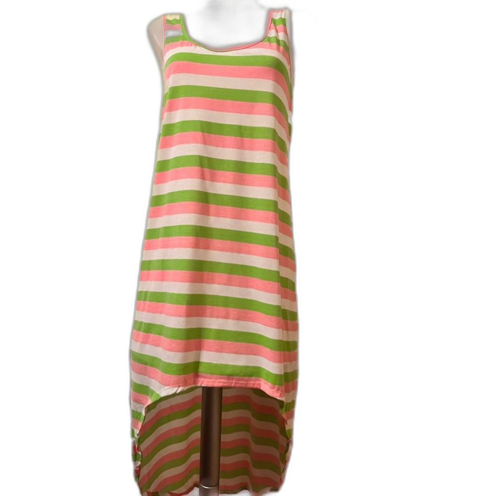 California Woman XL High-Low Sleeveless Sundress Pink, White, and Green Stripes